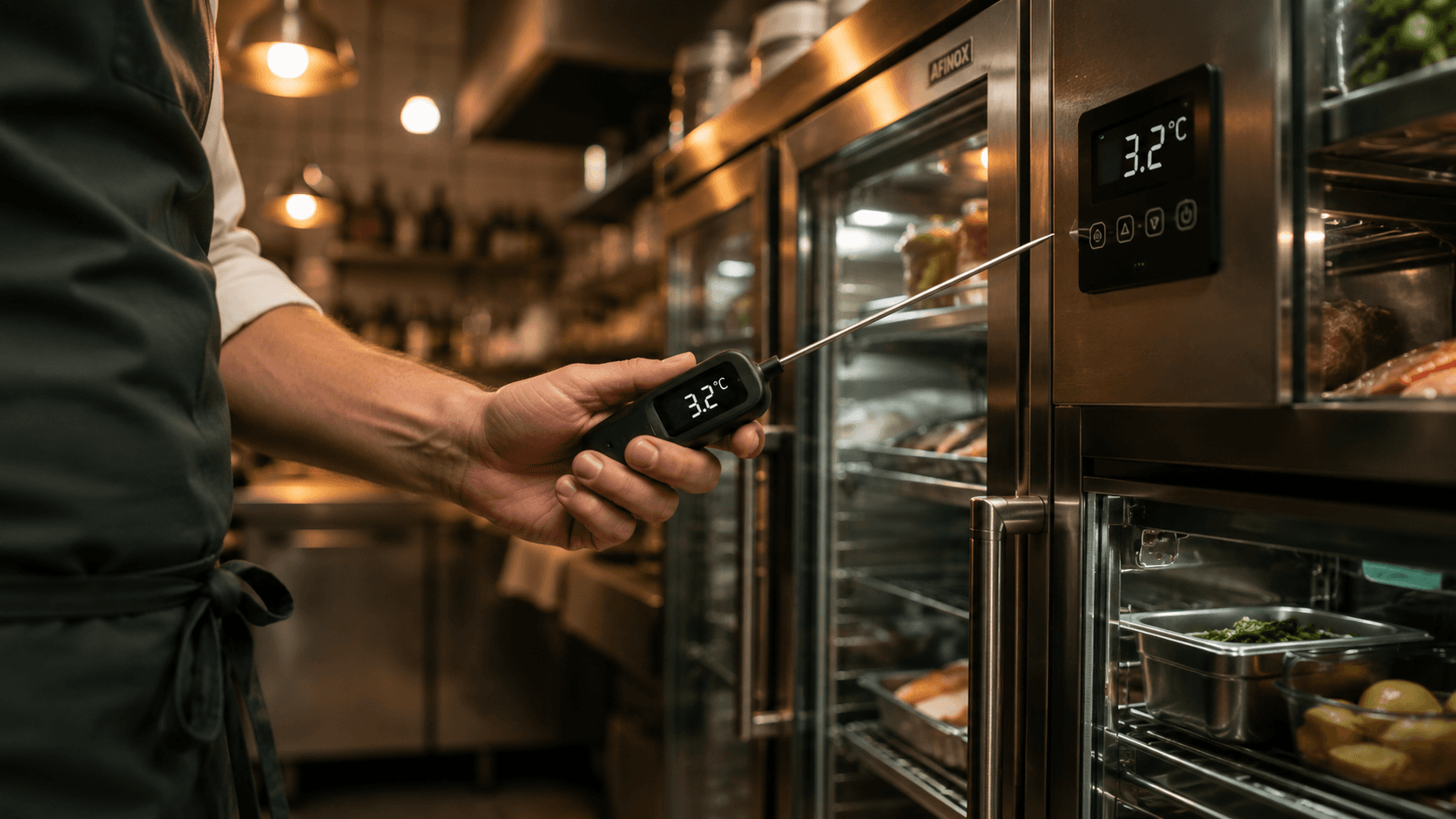 Chef verifiant la temperature en cuisine - conformite HACCP Agent Resto