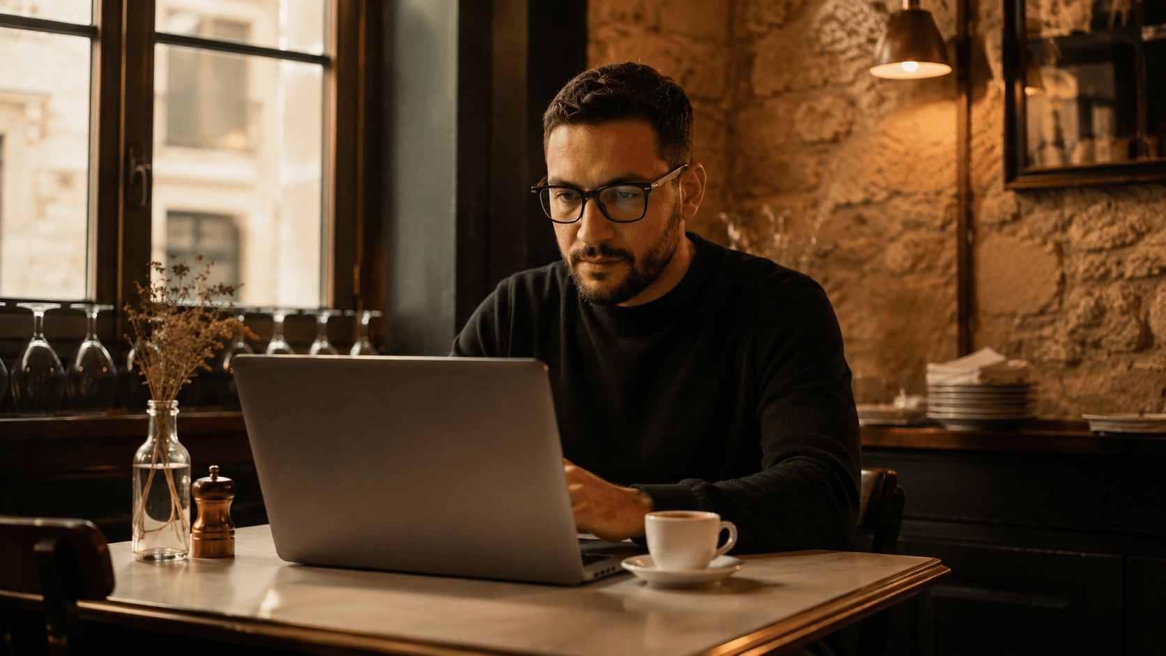 Gerant de restaurant au calme devant son ordinateur - Agent Resto
